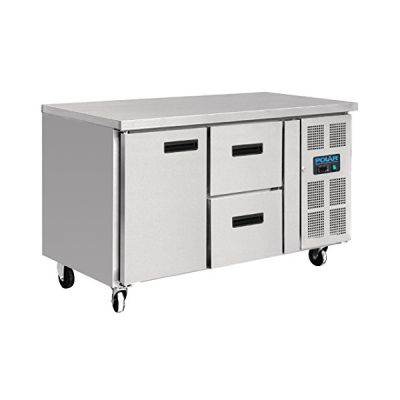 image Polar Refrigeration U-Series Table réfrigérée 350W 1 porte 2 tiroirs 282 litres, acier inoxydable, -2°C à 5°C, 850(H)x1360(W)x700(D)mm, 1 étagère, classe énergétique B, capacité utile : 171Ltr, GD873
