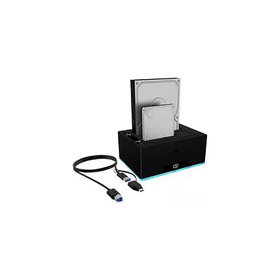 ICY Box USB 3.0 2-Way Hard Drive Docking Station for 2.5 inch and 3.5 inch SATA HDD/SSD, RGB, Offline Cloning Function, USB-C & USB-A, UASP, Black