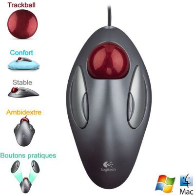 image Logitech Souris Trackman Marble Trackball Filaire, 300 DPI, Suivi Optique Marble, Ambidextre, USB, PC/Mac/Portable - Noir