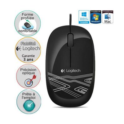 image Logitech M105 Souris Filaire USB, 3 Boutons, Suivi Optique 1000 PPP, Ambidextre, Compatible avec PC/Mac/Portable - Noire