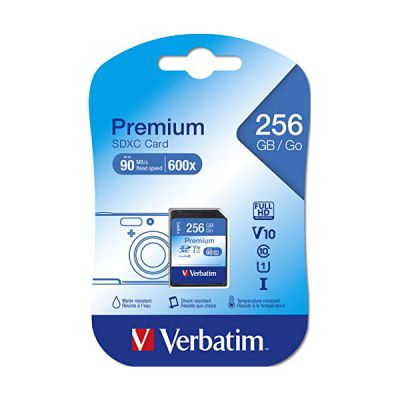 image Verbatim Carte mémoire SDXC U1 Premium - 256 Go - carte SD pour l'enregistrement de vidéos en Full HD - carte avec protection d'écriture intégrée - noire - pour appareil photo, PC & autres