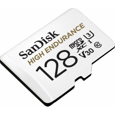 image SanDisk HIGH ENDURANCE Carte microSDHC 128Go + Adaptateur SD - pour le monitoring vidéo domestique ou sur dashcam – jusqu'à 100Mo/s en lecture et 40Mo/s en écriture, Class 10, U3, V30