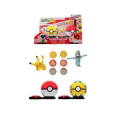 image Pokémon Bandai Poké Ball Attaque Surprise - Jeu Combat - 2 Poké Balls avec Leur Et 6 Disques D'attaques - Pikachu Et Machoc - JW2721