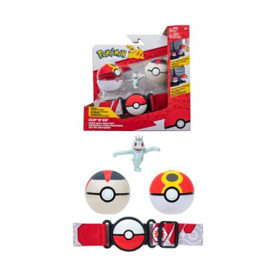 image Pokémon Bandai Ceinture Clip 'N' Go - 1 Ceinture, 1 Repeat Ball, 1 Timer Ball et 1 Figurine 5 cm Machoc - Accessoire pour se déguiser en Dresseur JW2717