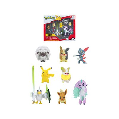 image Pokémon Bandai 8 Figurines Battle - Pikachu, Evoli (Eevee), Moumouton (Wooloo), Farfuret (Sneasel), Voltoutou (Yamper), Palarticho (Sirfetch'd), Ponyta (Ponyta), Morpeko - PKW0185