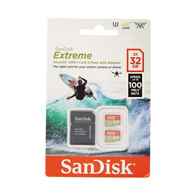 image SanDisk Extreme 32 GB microSDhC Memory Card for Action Cameras and Drones with A1 App Performance up to 100 MB/s, Class 10, U3, V30 - Twin Pack