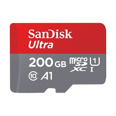 image SanDisk Ultra 200 GB microSDXC Memory Card + SD Adapter with A1 App Performance Up to 120 MB/s, Class 10, U1, Red/Grey SDSQUA4-200G-GN6MA