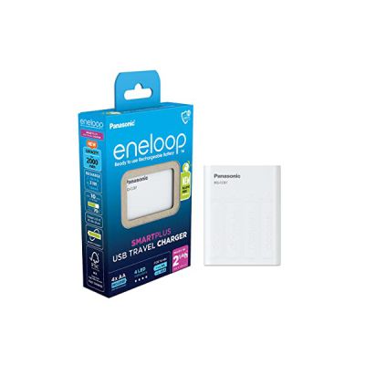 image eneloop SmartPlus Travel Chargeur USB, pour 1-4 Piles Rechargeables AA/AAA, 2.25h de Temps de Charge, 10 Fonctions de sécurité, 4 eneloop Piles AA (2000 mAh) incluses