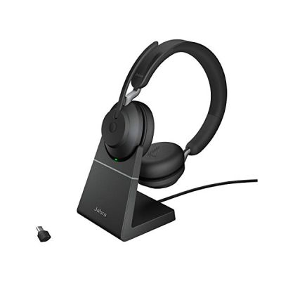 image Jabra Evolve2 65 Wireless PC Headset with Charging Stand – Noise Cancelling UC Certified Stereo Headphones With Long-Lasting Battery – USB-C Bluetooth Adapter – Black