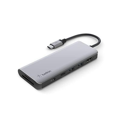 image Belkin Adaptateur USB-C Multiport 7-en-1 (avec 4K HDMI, USB-C, 2 x USB A, Audio 3,5 mm, SD 3.0 et Micro-SD 3.0, pour MacBook Pro, MacBook Air, iPad Pro, XPS, etc.) AVC009BTSGY Noir