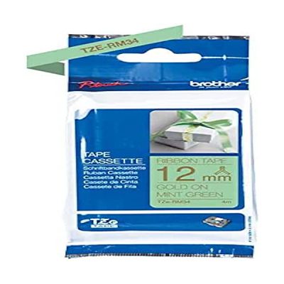 image Ruban textile original Brother TZe-RM34 or sur vert menthe - 12 mm de large, 4 m de long (pour Brother P-touch H200, H100LB / R, H105, E100 / VP, D200 / BW/VP, D210 / VP, Cube, Cube Plus)