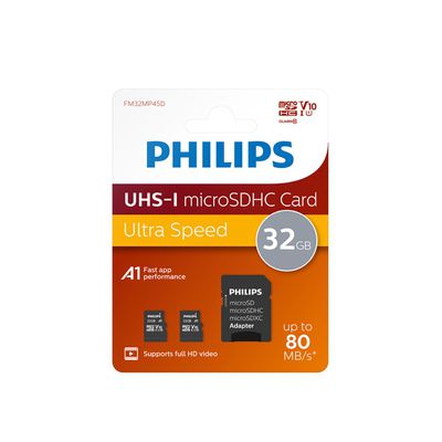 image Philips Micro SDHC Card 2-Pack 32GB + SD Adapter UHS-I U1 Reads up to 80MB/s A1 Fast App Performance V10 for Smartphones, Tablet PC, Card Reader 2 x 32GB