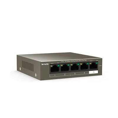 image Tenda POE Switch Ethernet 5 Ports 10/100 Mbps (TEF1105P-4-63W), Switch Poe 4 Ports (6KV Contre-Foudre, Plug and Play, Aucune Configuration Requise, Bureau, Boîtier Métal) Marron