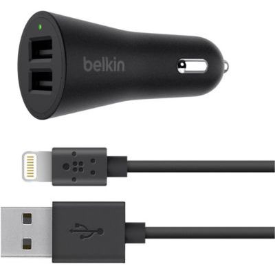 image Belkin Chargeur de voiture à 2 ports 4,8 A avec câble Lightning (certifié Apple MFi) - noir