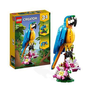 image LEGO 31136 Creator 3-en-1 Le Perroquet Exotique, Jouet de Construction, Figurines Animaux de la Jungle, avec Grenouille et Poisson, Jeu Créatif Enfants Dès 7 Ans
