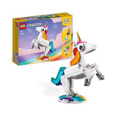 image LEGO 31140 Creator 3-en-1 La Licorne Magique, Jouet Transformable, Hippocampe en Paon en Arc-en-Ciel avec Licorne, Cadeau Enfants, pour Filles et Garçons