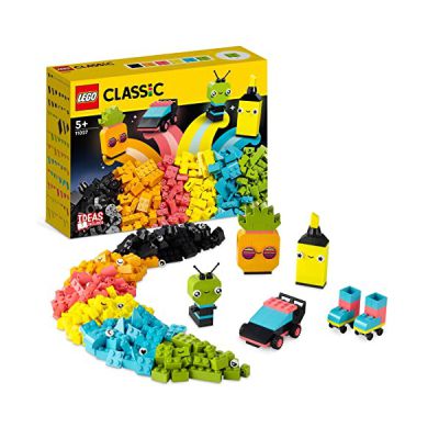 image LEGO 11027 Classic L’Amusement Créatif Fluo, Jouet Briques, avec Modèles : Voiture, Ananas, Alien, Rollers, Personnages et Plus, pour Garçons et Filles Dès 5 Ans