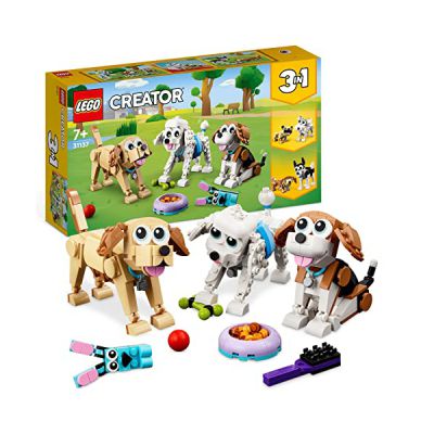 image LEGO 31137 Creator 3-en-1 Adorables Chiens, Figurines de Teckel, Carlin, Caniche, Jouet de Construction pour Enfants Dès 7 Ans, Cadeau pour Les Amoureux des Chiens